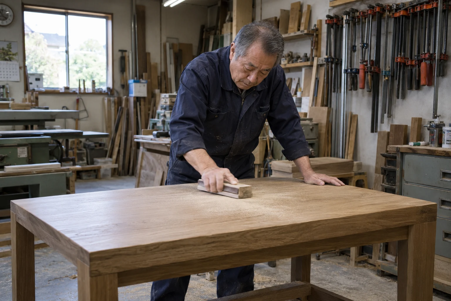 木の表面を仕上げるサンプル用の制作場面