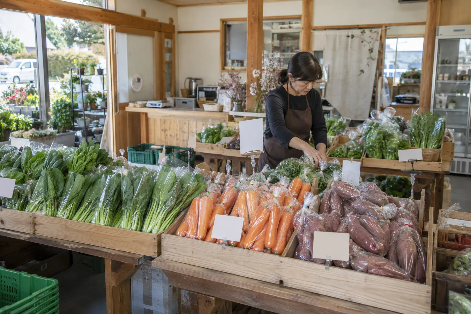 農産物直売所の全景・利用場面を想定した生成画像。実在店舗・顧客ではありません。