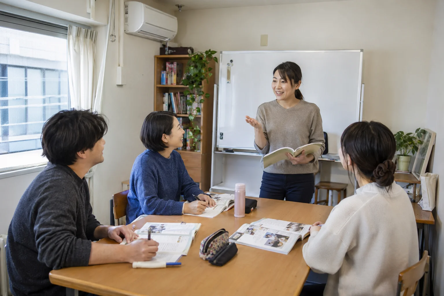 語学教室の全景・利用場面を想定した生成画像。実在店舗・顧客ではありません。