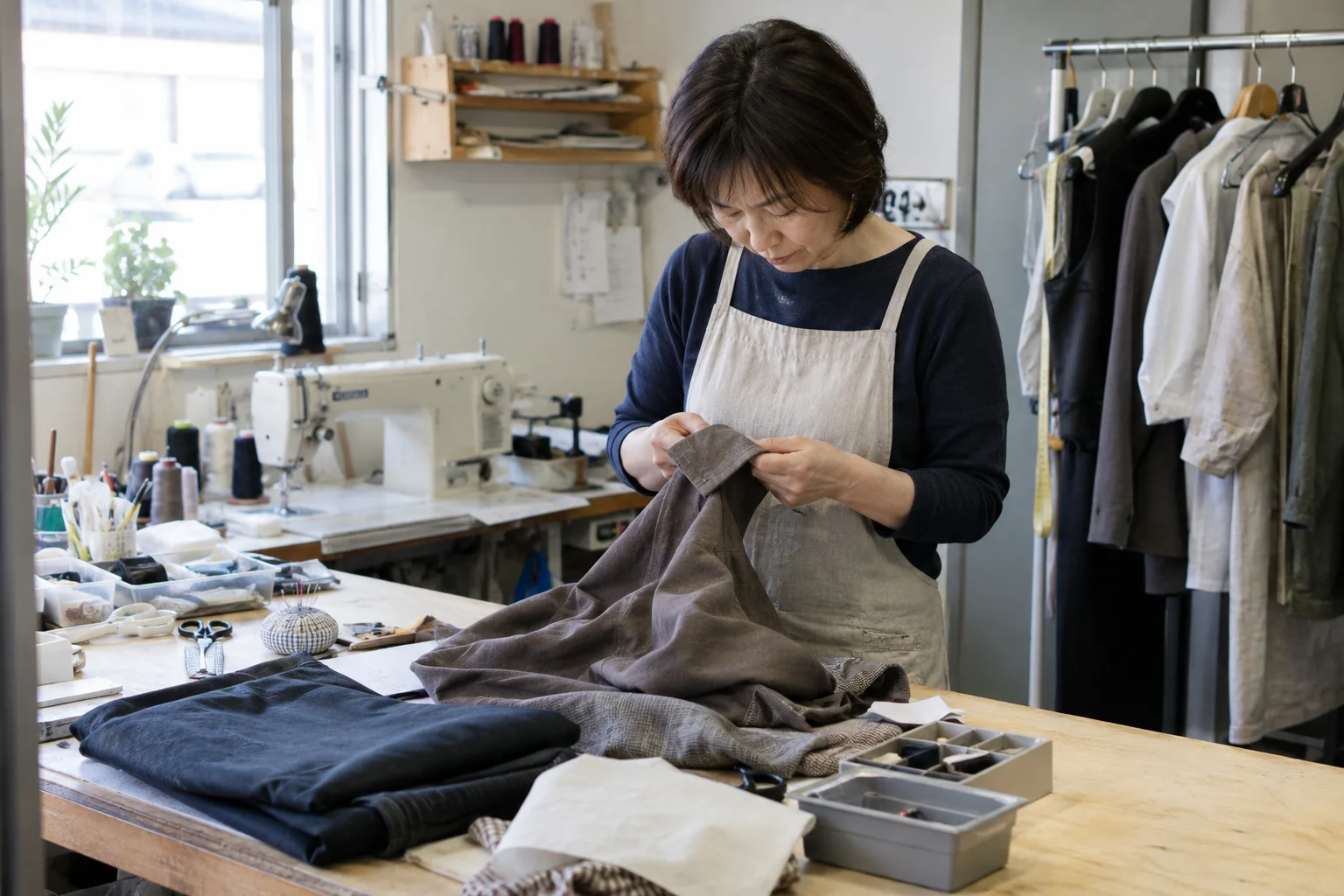 洋服のお直しの全景・利用場面を想定した生成画像。実在店舗・顧客ではありません。