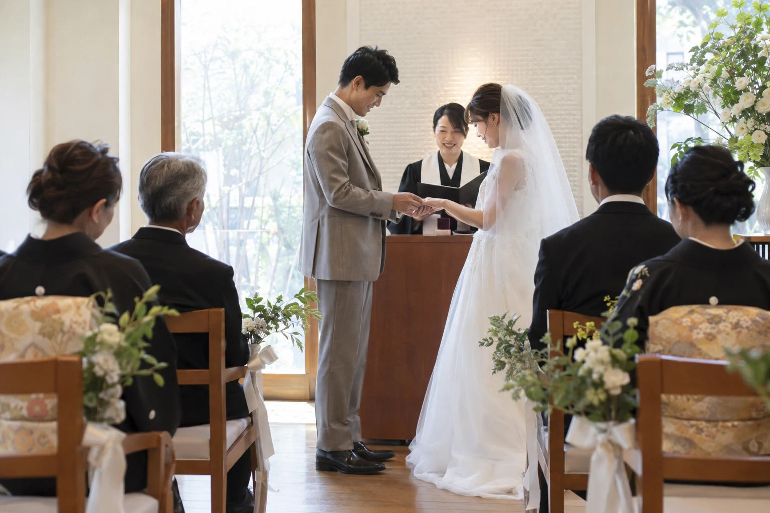 家族の結婚式のサンプル用の生成画像